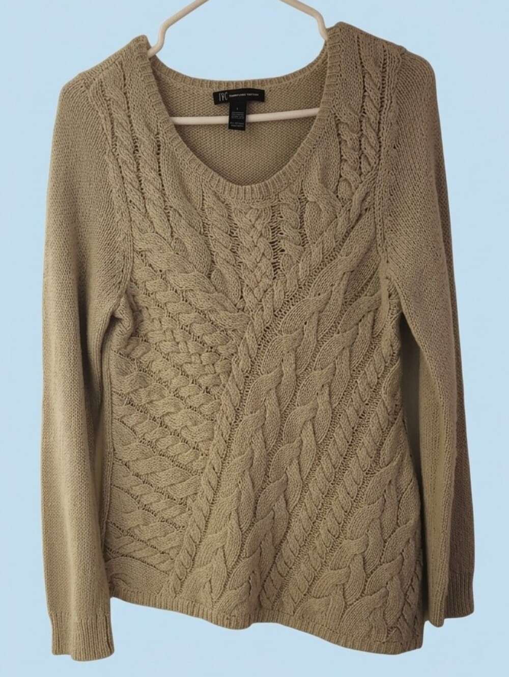 INC International Concepts Tan Cable Knit Scoop Neck Sweater